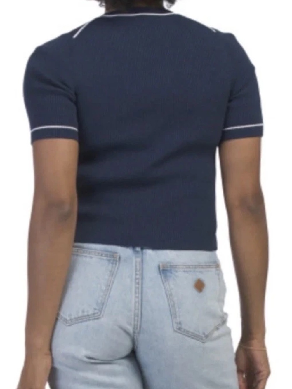 ATM, Small, Navy Short-Sleeves cashmere Knit blend Sweater with White Trim - Picture 3 of 11